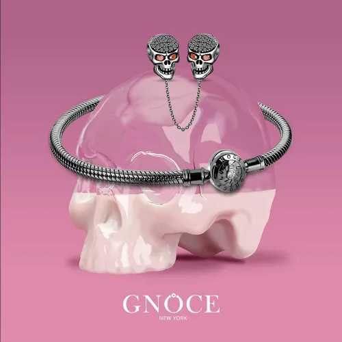 Vista 5 de GNOCE Pulsera con colgante de calavera negra con cadena de seguridad de plata de ley con cadena de serpiente Because I Love You Basic con cierre