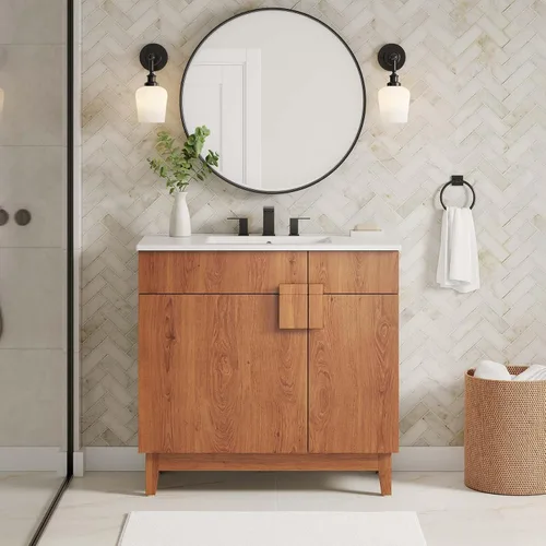 Vista 10 de Modway EEI-6400-OAK Miles - Armario de tocador de baño de 36 pulgadas (lavabo no incluido), roble