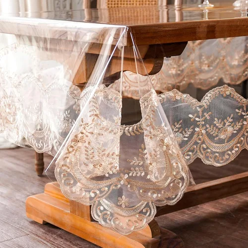 Vista 12 de ARTABLE Mantel rectangular de vinilo de PVC, impermeable, transparente, con borde de macramé de encaje champán, para boda, cocina, hogar