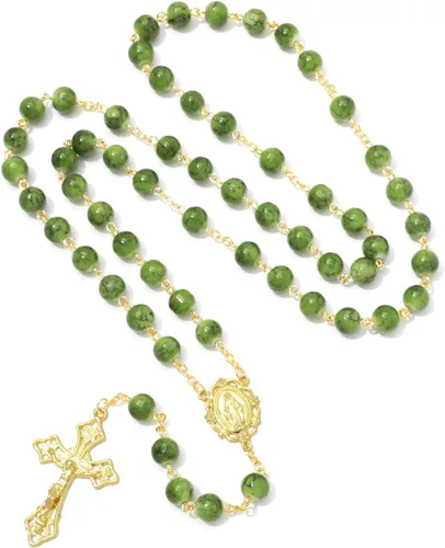 Vista 25 de KOMI Rosario de cuentas católicas para mujer, collar de cuentas de rosario con cruz de crucifijo, perlas de cristal, rosario, rosarios, católicos