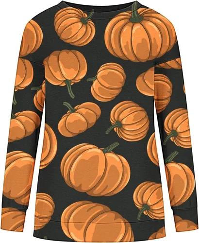 Vista 4 de Camisetas de Halloween para mujer, con estampado novedoso, de manga larga, casual, cuello redondo, ropa de otoño