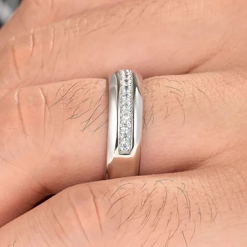 Vista 5 de Anillo de boda de oro blanco para hombre, plata de ley 925 con 13 circonitas cúbicas de corte redondo, anillo de compromiso para él, talla 7-14