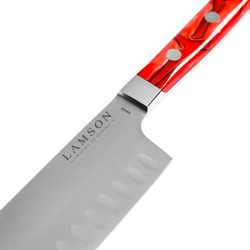Vista 2 de Lamson Cuchillo Santoku de mango de fuego forjado Premier de 7 "con borde Kullenschliff (festoneado)