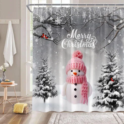 Vista 2 de Cortina de ducha de Navidad, muñeco de nieve rosa, rama de árbol, copo de nieve, vacaciones de invierno, paisajes naturales, cortina rústica gris