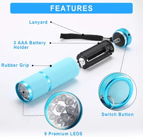 Vista 5 de Mudder Juego de 4 linternas que brillan en la oscuridad, 9 mini linternas LED recubiertas de goma con asa, linterna portátil LED de aluminio