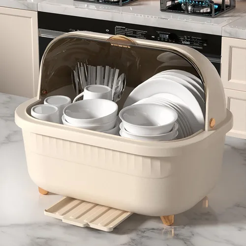 Vista 2 de TOPINCN Escurridor de platos con cubierta de tapa, caja de secado de platos de plástico, escurridor de platos multifuncional que ahorra espacio