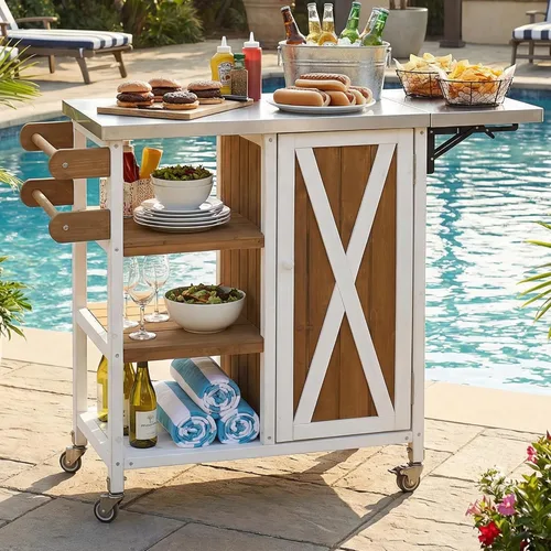 Vista 25 de JIVOIT Isla de cocina al aire libre de 78.3 pulgadas con mesa plegable, carrito de madera para exteriores con almacenamiento de basura y parte