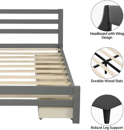 Vista 7 de Cama de plataforma de madera de tamaño individual con 2 cajones, marco de cama de plataforma moderna con cajón de almacenamiento, muebles