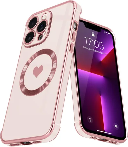 Vista 44 de Funda magnética para iPhone 13, para mujeres y niñas, chapado de lujo, lindo corazón de amor, cubierta trasera suave, protección completa de lente