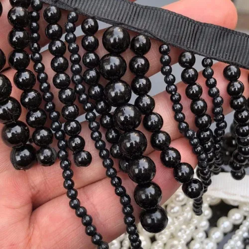 Vista 2 de 1 yarda blanca negra larga perla flecos abalorios encaje adorno perla colgante borlas vestido de ropa borla flecos encaje decoración zapatos adornos