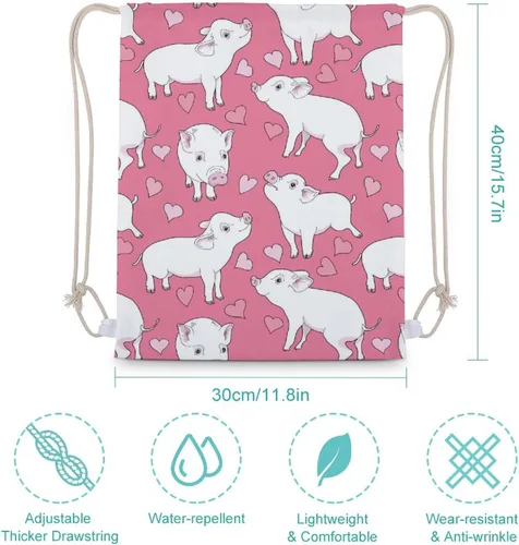 Vista 2 de Mini Pigs and A Hearts Drawstring Backpack Cute String Bag Canvas Daypack Travel Sackpack 30x40cm