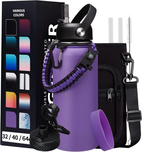 Vista 40 de Botella de agua aislada de 1 galón, con popote y tapa de pico automático, mango de paracord, funda para botella, botella de agua de acero inoxidable