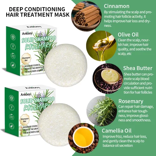Vista 2 de Paquete de 2 barras de champú sólido con aceite de romero para cabello fino, champú natural y orgánico para mujeres y hombres, fortalece, espesa