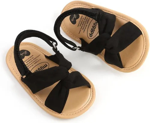 Vista 6 de GDSDYM Sandalias de verano para bebés y niñas con lazo de flores, suela suave, para vestido de boda, zapatos planos para recién nacidos, primeros
