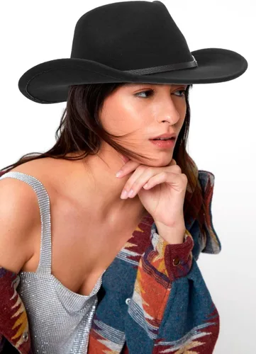 Vista 7 de Sombreros clásicos de vaquero occidental para mujer y hombre, diseño de banda de diamantes, sombrero de Rodeo Fedora-Jazz con cinturón, color negro