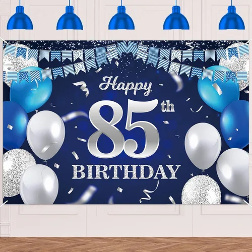Vista 93 de Bandera de feliz primer cumpleaños con fondo azul marino, globos, confeti, bandera de rayas, luces de puntos, felicitaciones por el tema de 1 año