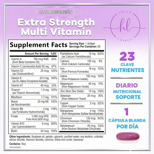 Vista 2 de Multivitamínico para mujer – Multivitaminas diarias completas para mujer con biotina, calcio, ácido fólico, hierro, zinc, vitamina A, C, D, E y B