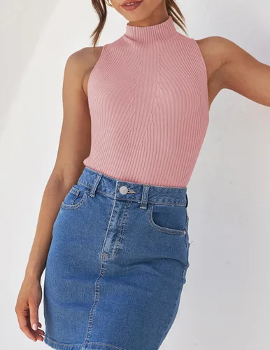 Vista 7 de ZESICA Camisetas sin mangas de verano para mujer, cuello de tortuga, de punto acanalado, ajustadas, básicas, casuales