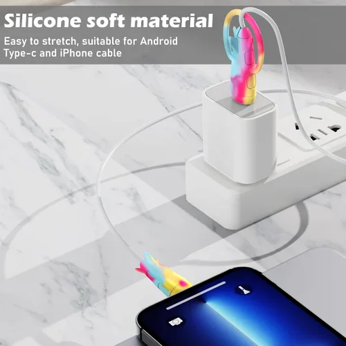 Vista 2 de CameCosy Funda protectora de cable 2 en 1 compatible con iPhone, Android, cable USB tipo C, 2 unidades de silicona estirable para ahorro de cables