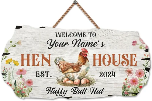 Vista 48 de Letrero de madera de gallinero personalizado para gallinero, diseño de granja esponjosa, varios tamaños, nombre personalizado, título y cita