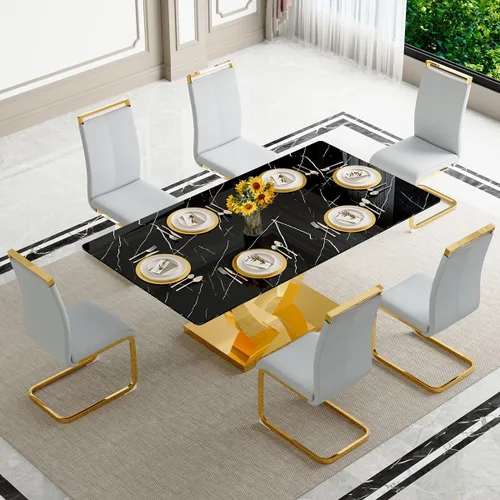 Vista 29 de Juego de mesa de comedor negra para 4, 63 x 35.4 x 30 pulgadas, mesa de comedor moderna rectangular con patas y base de acero inoxidable, sillas