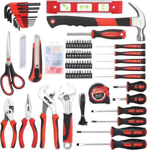 Vista 2 de FASTPRO Juego de herramientas para el hogar de 220 piezas, kit de herramientas de reparación para el hogar con bolsa de herramientas de Rojo