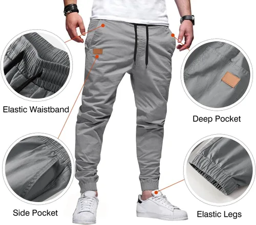 Vista 2 de JMIERR Pantalones cargo de sarga para hombre, estilo casual, de algodón, con cordón, clásicos, chinos, elásticos, pantalones de senderismo con 6
