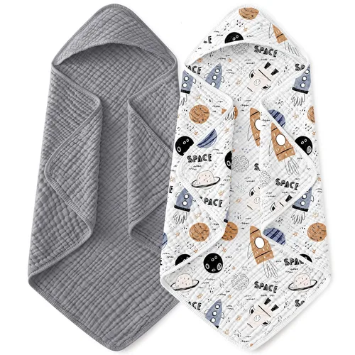 Vista 6 de Yoofoss - Paquete de 2 toallas de baño con capucha, 100% de muselina de algodón, para bebés y niños pequeños, suaves y absorbentes, esenciales