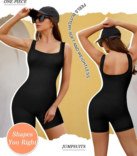 Vista 3 de TrainingGirl Mameluco de yoga para mujer, overol atlético acanalado, sin costuras, de una pieza, cuello cuadrado, camiseta sin mangas, para hacer