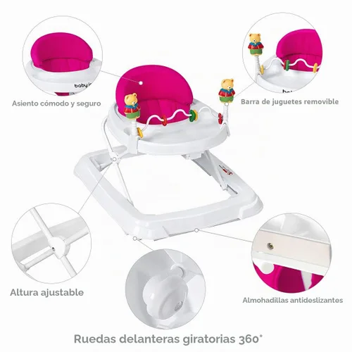 Vista 3 de Andador de bebé con ruedas para niños y niñas Andador plegable con juguetes para caminar y altura ajustable de 3 niveles, cómodo caminador de Rosa