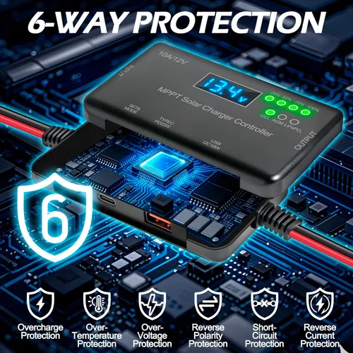Vista 3 de Controlador de carga solar MPPT de 10 A, 12 V, 30 V máximo COV 22 W tipo C y 18 W USB de carga rápida LCD, protección múltiple Controlador