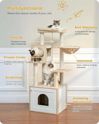 Vista 2 de PETEPELA Árbol para gatos de 56.7 pulgadas con caja de arena, torre grande de madera para gatos de interior con armario de almacenamiento y acogedor