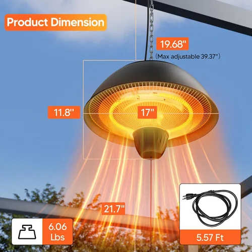 Vista 3 de Calentador eléctrico para exteriores, calentador de patio infrarrojo colgante de 1500 W para uso al aire libre, calentador eléctrico impermeable