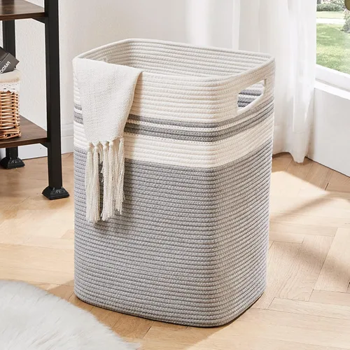 Vista 12 de OIAHOMY - Cesta de lavandería de 91L, cesta de lavandería XXXL, cesta plegable de cuerda de algodón, cesta de almacenamiento tejida para mantas Negro