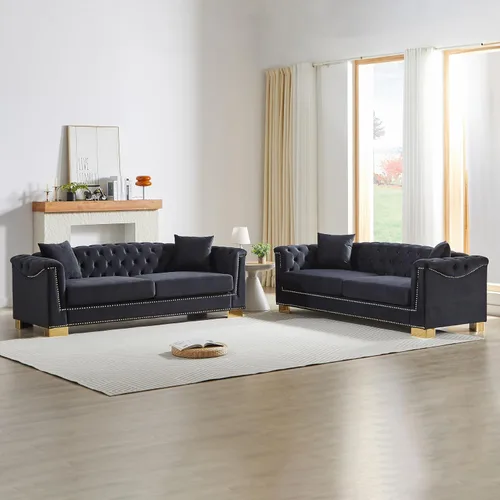 Vista 22 de Harper & Bright Designs Sofá Chesterfield de terciopelo de 62 pulgadas de dos plazas, moderno y clásico con brazo enrollado con botones y decoración