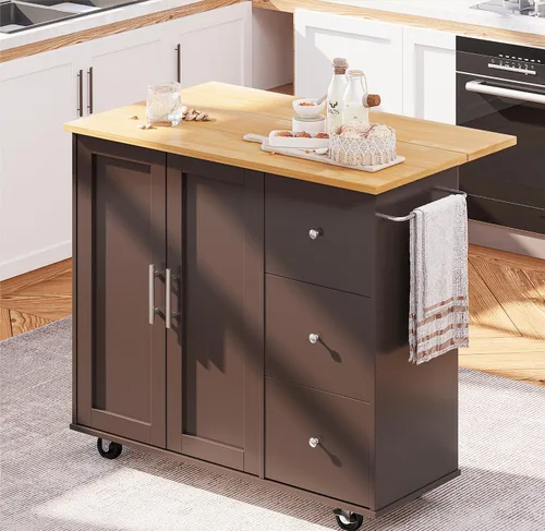 Vista 15 de SUNLEI Isla de Cocina con Carro de Almacenamiento, Carrito Rodante de Café Pequeño, Mesa de Corte de Madera, Microondas con 3 Cajones sobre Ruedas