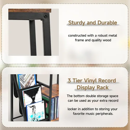 Vista 6 de Coco Bird - Soporte para tocadiscos de vinilo con almacenamiento de 3 niveles, estante de exhibición para tocadiscos para 200 álbumes, mesa