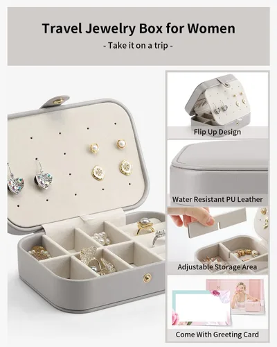 Vista 3 de Vlando Joyero pequeño, organizador de joyas de viaje para aretes, collar, anillo, organizador de joyas de viaje portátil de doble capa para mujeres