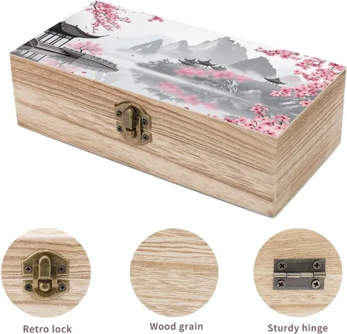 Vista 3 de Cherry Blossom Pavilion Wooden Storage Box with Hinged Lock,Decorative Handmade Keepsake Jewelry Chest, Elegant Retro Decor Boxes, Compact Organizer
