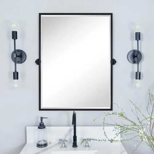 Vista 11 de Espejo rectangular de baño con marco de metal dorado cepillado, espejos de tocador biselados inclinables para pared, total 23.9 x 24 pulgadas