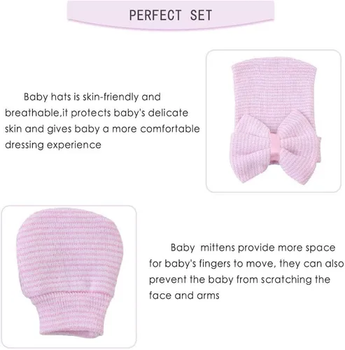Vista 4 de Gorras y manoplas para recién nacidos, gorro de hospital para recién nacidos, guantes antiarañazos, set de regalo para niños y niñas