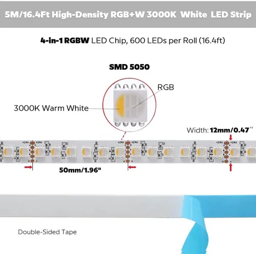 Vista 2 de Tira de luz LED RGBW de 24 voltios más brillante RGBW de alto CRI RGB+blanco cálido, 16.4 ft/16.4 pies denso 600 LED de alto lumen 5050 0.472 in
