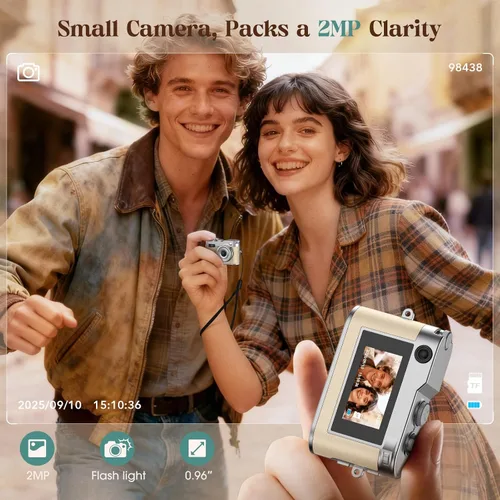Vista 5 de Cámara Digital Mini HOTU, Cámara Llavero 1080P HD con Lente de 2MP, Flash, Grabación de Vídeo, Tarjeta de 32G Incluida, Cámara Retro Portátil y Beige