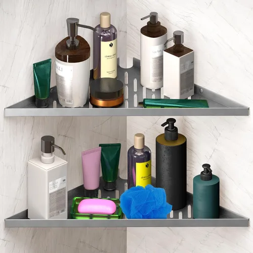 Vista 9 de Estantes esquineros de baño para ducha, adhesivo, palo, taladro, sin taladro, estante esquinero flotante negro fuerte de 16 pulgadas para pared