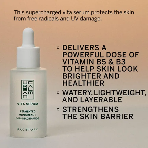 Vista 3 de FACETORY Urban Calm - Suero hidratante Vita con frijol mungo fermentado y 10% niacinamida, suero facial que aumenta el brillo para mujeres