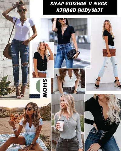 Vista 2 de VIISHOW Blusa de manga larga con cierre a presión y cuello en V para mujer estilo casual ajustada