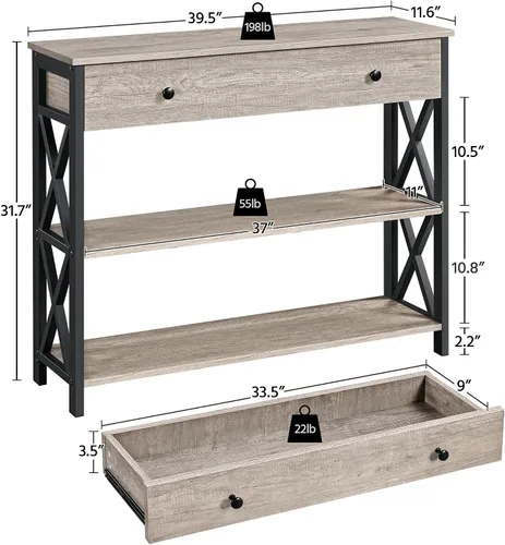 Vista 3 de Topeakmart Mesa de entrada con cajón de almacenamiento Mesa de vestíbulo estrecha para pasillo con almacenamiento abierto, mesa de pasillo Gris