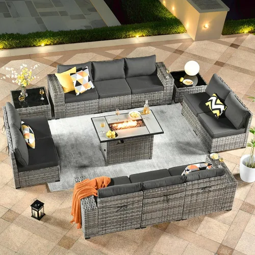 Vista 26 de ovios Juego de muebles de patio de 6 piezas, sofá seccional de mimbre para exteriores con mesa auxiliar, cómodos cojines, moderno sofá modular Beige