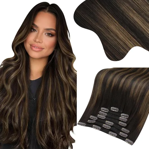 Vista 65 de Moresoo Extensiones de cabello humano con clip, balayage, color marrón oscuro a marrón dorado con clip, extensiones de cabello humano con clip, 5