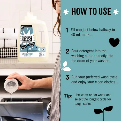 Vista 5 de Detergente líquido para ropa Molly's Suds Jabón detergente limpio para ropa para pieles sensibles 2x concentrado, alta eficiencia (HE) Sin